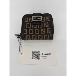 Authentic Fendi Zucca FF Monogram Zip Around Compact Wallet Brown Vintage‎